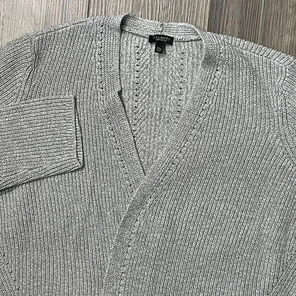 Talbots Cardigan Women's 2XP Gray Open Front Rayon Nylon Casual Long Sleeve